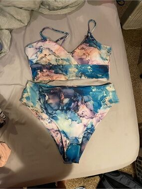 SHEIN Blue Purple Pink Marble Print High Waisted Bikini